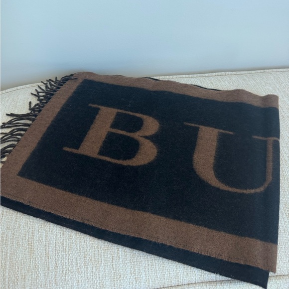 Burberry Branded Logo Text Cashmere Scarf, Camel Black - Picture 1 of 8